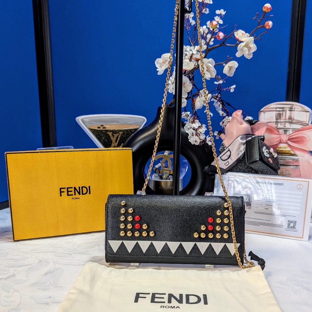 Fendi Black Leather MONSTER Clutch Bag With Crossbody Chain - FULL INCLUSION "🔥